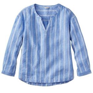 100% linen LL Bean vertical striped blue beachy blouse